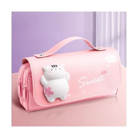 Duży PIÓRNIK wielofunkcyjny dwukomorowy z KOTKIEM różowy PR14R