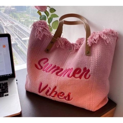 TORBA PLAŻOWA , na zakupy duża i pojemna z frędzlami BOHO, róż TP11R