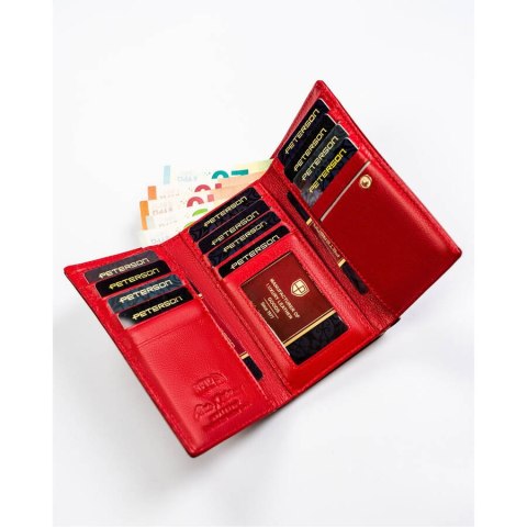 Elegancki, czerwony portfel damski na zatrzask i bigiel - Peterson