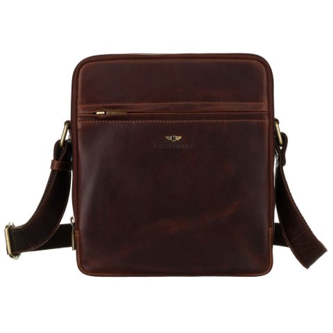 Listonoszka męska ze skóry naturalnej w brązowym kolorze z zewnętrzną kieszenią na suwak - Peterson