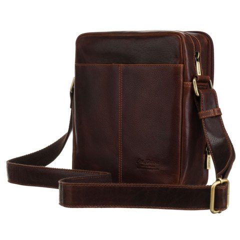 Listonoszka męska ze skóry naturalnej w brązowym kolorze z zewnętrzną kieszenią na suwak - Peterson