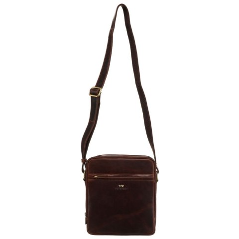 Listonoszka męska ze skóry naturalnej w brązowym kolorze z zewnętrzną kieszenią na suwak - Peterson