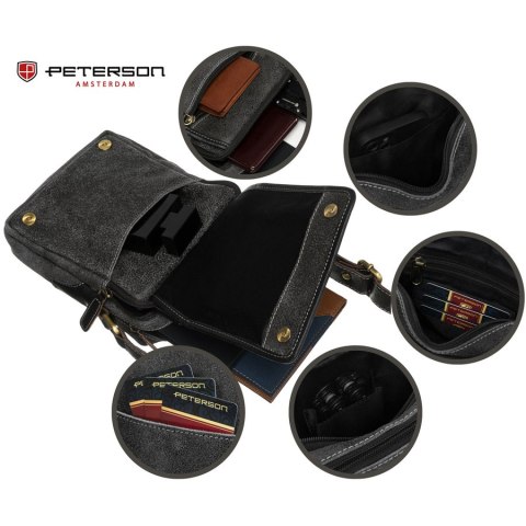 Klasyczna, czarna listonoszka męska ze skóry naturalnej zawieszona na regulowanym pasku - Peterson