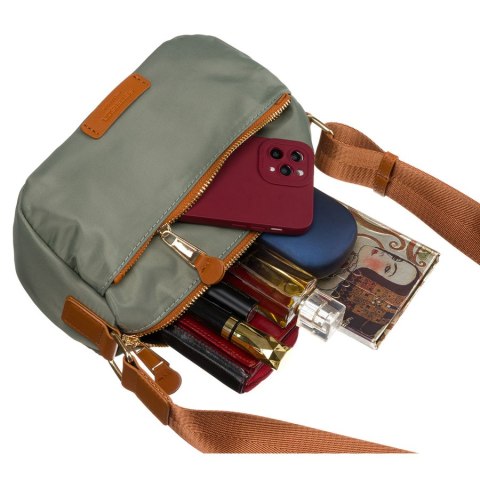 Nylonowa listonoszka damska w zielono-brązowym kolorze zawieszona na regulowanym pasku - Peterson