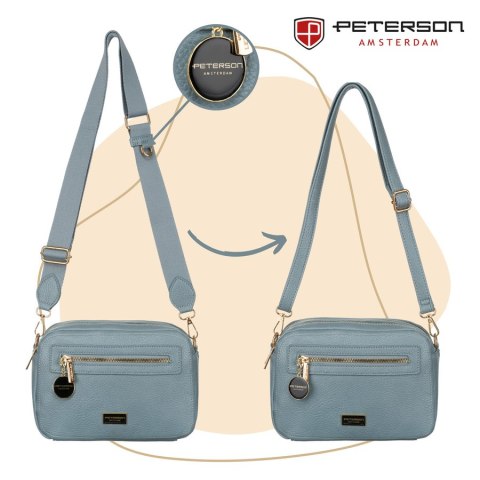 Modna niebieska listonoszka damska z dwoma paskami na ramię i brelokiem eko skóra Peterson