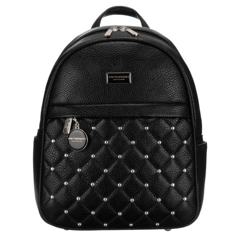 Elegancki czarny mały plecak damski zdobiony pikowaniem i srebrnymi nitami eko skóra Peterson
