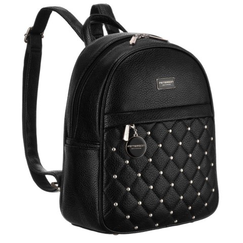 Elegancki czarny mały plecak damski zdobiony pikowaniem i srebrnymi nitami eko skóra Peterson