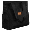 Czarny shopper damski z poliestru zawieszony na wygodnych uchwytach z zewnętrzną kieszonką na suwak - Rovicky Czarny shopper damski z poliestru zawieszony na wygodnych uchwytach z zewnętrzną kieszonką na suwak - Rovicky