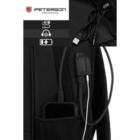Plecak szkolny z poliestru w czarnym kolorze z portem USB - Peterson Plecak szkolny z poliestru w czarnym kolorze z portem USB - Peterson