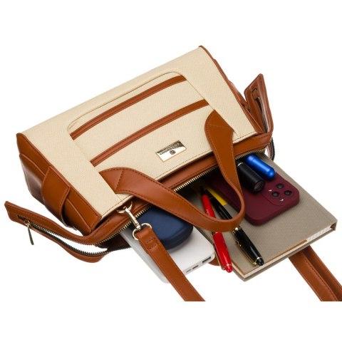 Elegancka torebka damska w kolorach ecru i brązowym wykonana z materiału syntetycznego - Peterson Elegancka torebka damska w kolorach ecru i brązowym wykonana z materiału syntetycznego - Peterson