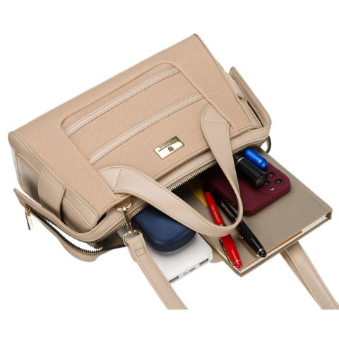Elegancka, beżowa torebka damska wykonana z materiału syntetycznego, zamykana suwakiem - Peterson Elegancka, beżowa torebka damska wykonana z materiału syntetycznego, zamykana suwakiem - Peterson