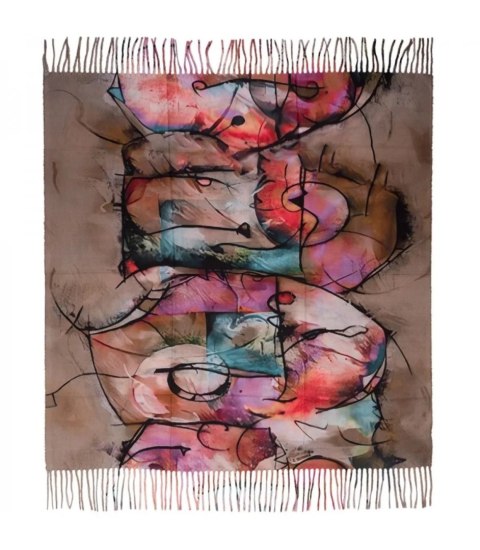 Chusta szal szalik abstrakcyjna wielokolorowa elegancka z frędzlami (Beżowy)