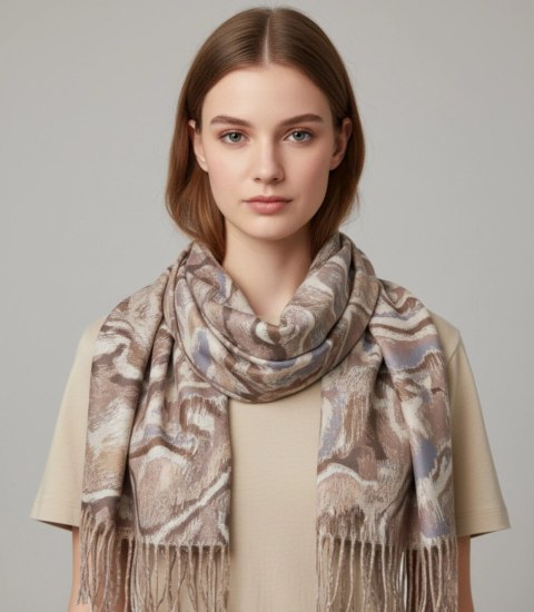 Chusta szal szalik z falistym delikatnym wzorem z frędzlami (Beżowy)