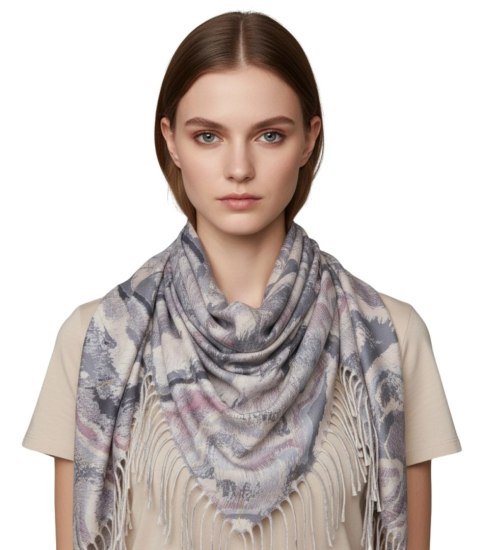 Chusta szal szalik z falistym delikatnym wzorem z frędzlami (Szary)