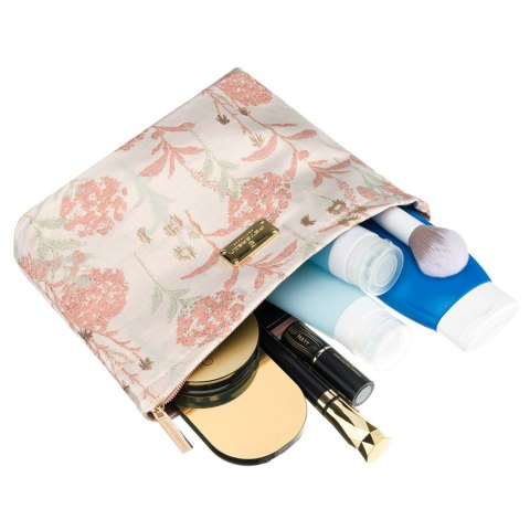 Kosmetyczka z materiału syntetycznego w różowo-beżowym kolorze zdobiona kwiatami - Peterson