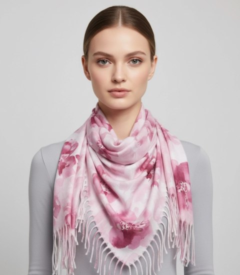 Kwiatowa kobieca chusta szal damski z frędzlami (Różowy)