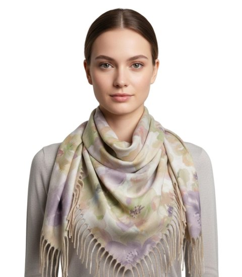 Kwiatowa kobieca chusta szal damski z frędzlami (Zielony)