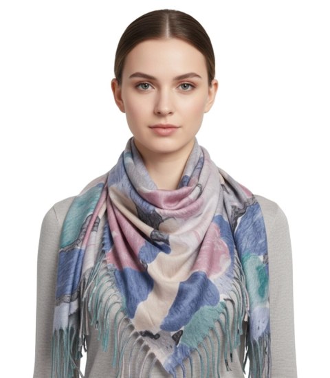 Wielobarwna elegancka chusta damski szal w kwiaty z frędzlami (Niebieski)