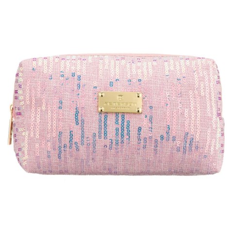 Różowa kosmetyczka z poliestru ozdobiona cekinami, jednokomorowa - Peterson