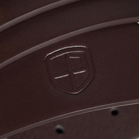 Ciemnobrązowy, wąski pasek damski ze skóry ekologicznej ze srebrną klamrą - Peterson