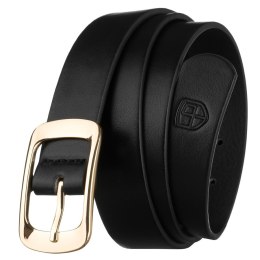 Czarny, wąski pasek damski ze skóry ekologicznej ze złotą klamrą - Peterson