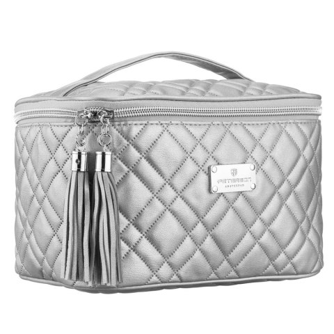 Pikowana kosmetyczka z tkaniny syntetycznej w srebrnym kolorze zamykana suwakiem - Peterson