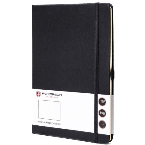 Czarny notes w formacie A5 zadrukowany w kropki, wyposażony w gumkę zamykającą - Peterson