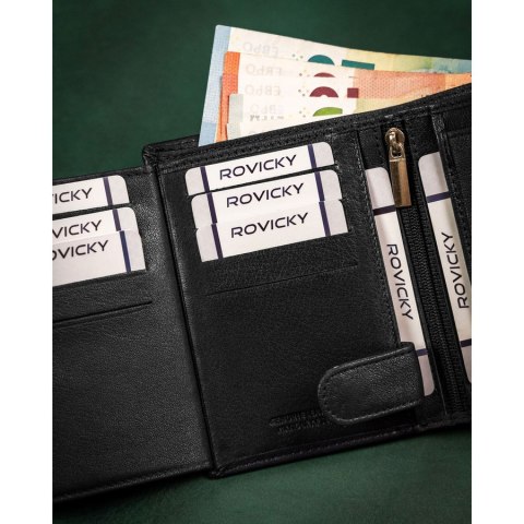 Duży, skórzany portfel męski w czarnym kolorze wyposażony w system RFID - Rovicky