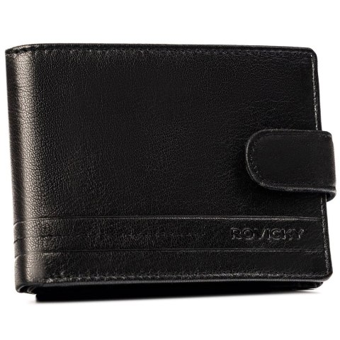 Duży, skórzany portfel męski w czarnym kolorze wyposażony w system RFID, zamykany zatrzaskiem - Rovicky