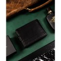 Duży, skórzany portfel męski w czarnym kolorze wyposażony w system RFID, zamykany zatrzaskiem - Rovicky