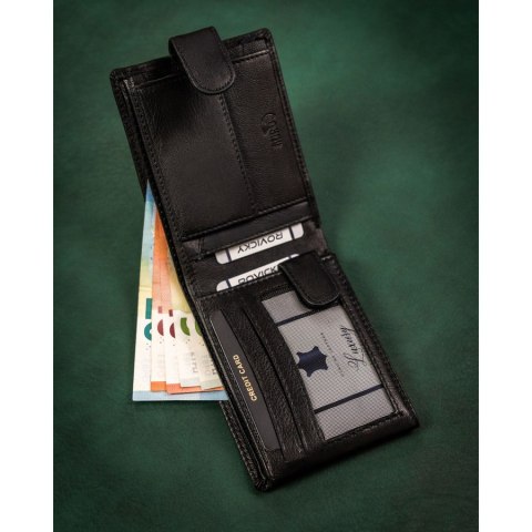 Duży, skórzany portfel męski w czarnym kolorze wyposażony w system RFID, zamykany zatrzaskiem - Rovicky