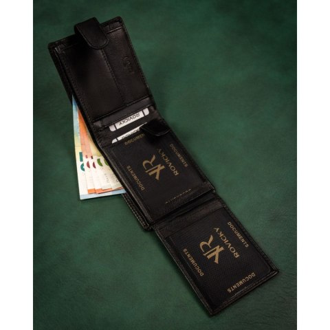 Duży, skórzany portfel męski w czarnym kolorze wyposażony w system RFID, zamykany zatrzaskiem - Rovicky