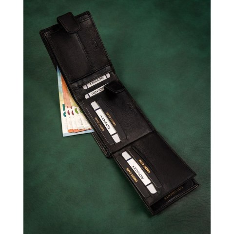 Duży, skórzany portfel męski w czarnym kolorze wyposażony w system RFID, zamykany zatrzaskiem - Rovicky