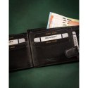 Duży, skórzany portfel męski w czarnym kolorze wyposażony w system RFID, zamykany zatrzaskiem - Rovicky