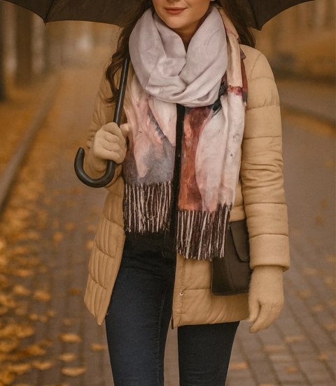 Kwadratowa chusta szal damski z frędzlami AGRAFKA (Wielokolorowy || Beżowy)