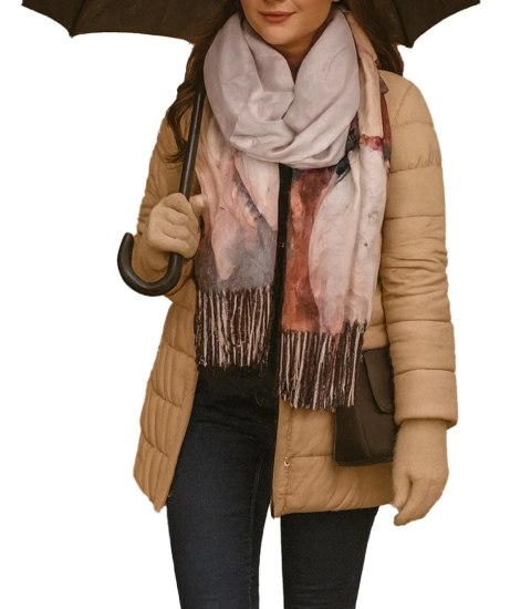 Kwadratowa chusta szal damski z frędzlami AGRAFKA (Wielokolorowy || Beżowy)