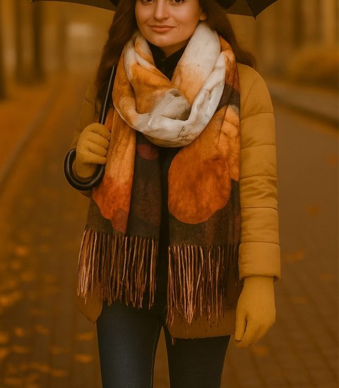 Kwadratowa chusta szal damski z frędzlami AGRAFKA (Wielokolorowy || Brązowy)