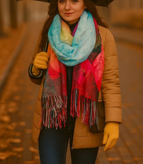 Kwadratowa chusta szal damski z frędzlami AGRAFKA (Wielokolorowy)