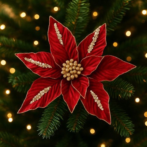 Kwiat na choinkę BOŻE NARODZENIE XXL 26 cm brokat i cekiny, bordowy WOZ47