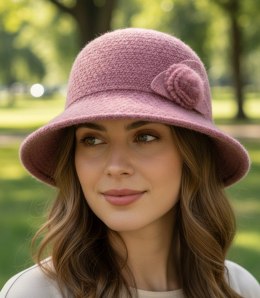 Kapelusz damski cloche naszywka kwiat (Różowy)