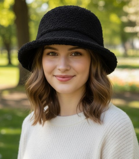 Kapelusz damski z miękkiej tkaniny teddy (Czarny)