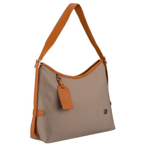 Beżowa listonoszka damska z poliestru i skóry ekologicznej wyposażona w kieszonkę zewnętrzną - Peterson