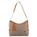 Beżowa listonoszka damska z poliestru i skóry ekologicznej wyposażona w kieszonkę zewnętrzną - Peterson