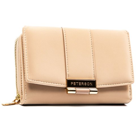 Beżowy portfel damski wykonany ze skóry ekologicznej o lekko prążkowanej fakturze, zamykany zatrzaskiem - Peterson