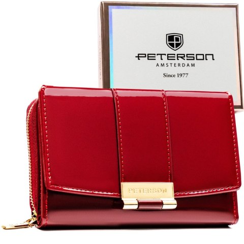 Bordowy, poziomy portfel damski wykonany z lakierowanej skóry ekologicznej - Peterson