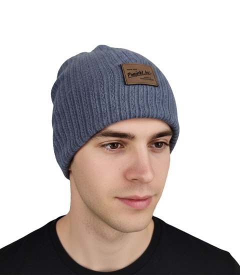 Dzianinowa czapka beanie z naszywką - styl i wygoda (Niebieski)