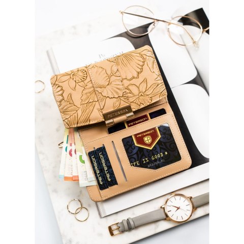 Elegancki portfel damski ze skóry ekologicznej w beżowym kolorze ze wzorem w kwiaty - Peterson