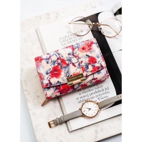 Wielokolorowy portfel damski wykonany ze skóry ekologicznej, ozdobiony kwiatowym wzorem - Peterson